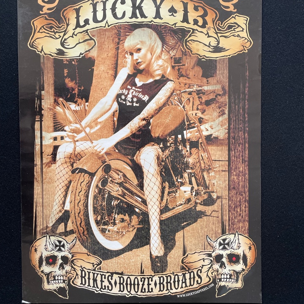 Lucky 13 Vintage Motorcycle Wall Art - Brown and Black 18x24 poster